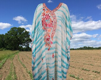 Women's Loose Kaftan Maxi Dress, Blue White TieDye Sheer Embroidered Caftan Dresses, Flowy, Bohemian Beach Dress, Gift L-4XL One size