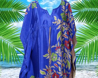 Womens Kaftan Midi Dress, Blue Red Floral Print Dresses, Gift For Mom, Coverup, Recycle Silk Lightweight Kaftan L-4XL One size