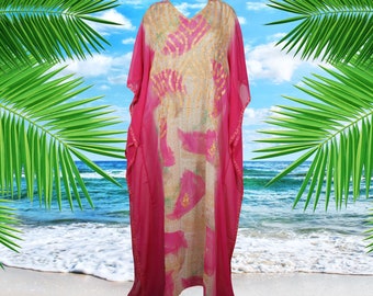 Womens Cruise Kaftan Dress, Lounger Caftan Dress, Fuchsia Pink  Print Embroidered Kimono Dress, Georgette Resort Wear Dresses ONE SIZE L/4XL