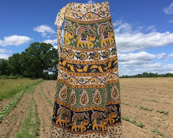 Womens Long Cotton Wrap Skirt, Yellow Green HIPPIE Indian Printed Handmade Wrap Around Skirts One size