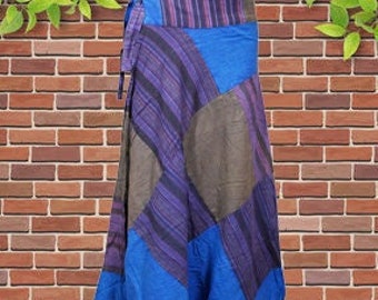 Womens Wrap skirt, Midi Vintage Blue Boho Patch Work Wrap Skirt, Skirts, Hippie Skirt, Gift One size