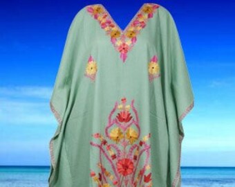 Womens Caftan Dress, Handmade pastel green Floral Embroidered Kimono Dress, Cover Up Abaya Loose Stylish Maxi Kafan Dresses One size ,L-3XL