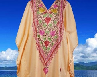 Womens Kaftan Maxi Dress, Beach Bohemian Lounger Caftan Dress, Peach Floral Hand Embellished Kaftan Dresses L-3XL