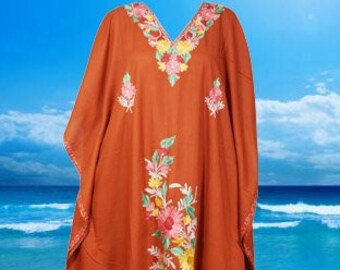 Womens Kaftan Maxi Dresses, Orange FALL Boho Kaftan Dresses, Floral Embroidered Caftan Dress One size L-3XL