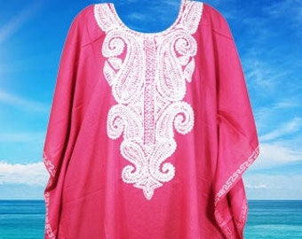 Womens Kaftan Dress, High-Fidelity Electric Pink, Embroidered Floral Beach Cover Up, Mid Calf, Loose Caftan Dress, Resort Wear M-4XL