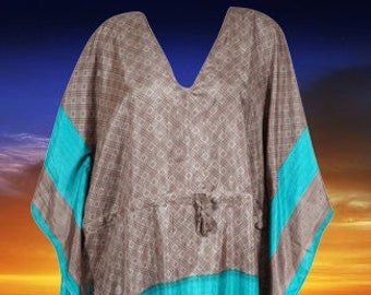 Womens Kaftan Maxi Dresses, Gray Sea Blue Printed Dresses, Gift For Mom, Recycle Sari, Caftan, Beach Cover Up L-2XL One size