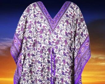 Women Long Soft Natural Comfy Wear Kaftan, Purple Paisley Print, Sleep Wear Beach Wear Kimono Caftan L-2XL