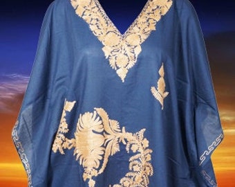 Womens Kaftan, Midi Dresses, Flawless Deep Mid Night blue, Loose Caftan Dresses, Floral Embroidered Kaftan Dress, One size L-4XL