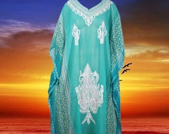 Womens Caftan Sheer Dress, Cruise Maxi Dresses, Sea Blue Embroidered Kaftan Dress, Travel Summer Beach Maxi Dresses, L-4XL One size