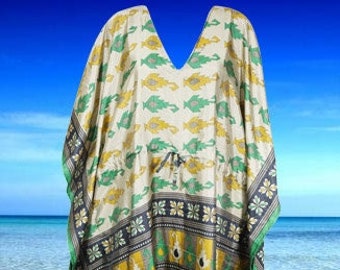 Womens Maxi Kaftans Dress, HOLIDAY FASHION, GIFT, Yellow Green Printed dress, Recycle Silk, Coverup, L-2XL One size