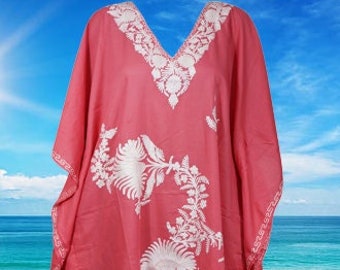 Women kaftan Dress, Old Fashioned, Sharp Fiery Rosé Pink, Floral Embroidery Mid Length, Cotton Resort Wear, Kaftan Dresses, One size L-4XL