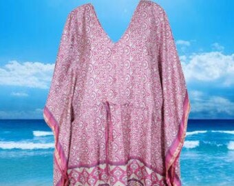 Womens Maxi Beach Kaftan Dress, GIFT, Pink White Paisley Print Caftan, Coverup, Lounger, Recycle Sari Caftan, Travel Dresses L-2X One size