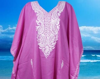 Womens Kaftan Dress, Embroidered Floral Beach Cover Up, COSMOPOLITAN, Mid Calf, Mid-Tone Pink, Loose Caftan Dress, Resort Wear M-4XL