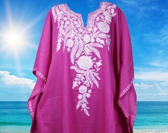 Womens Kaftan Dress, Passionate Plum Dahlia, Loose Cotton Dress, Resort Wear, Embroidered Floral Mid Calf, Kaftans L-4XL