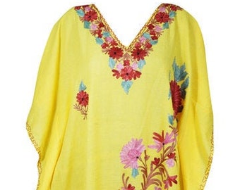 Womens Short Kaftan Dresses, Hand Embellished Floral Sunflower Yellow Lounger Cover Up DRESS, Tunic Caftan Dress One Size L-3XL