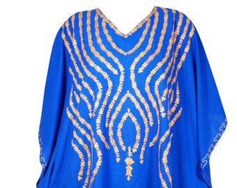 Women Caftan Dress Royal Blue Floral Embroidery Mid Length V-Neck Kimono Resort Wear Cover Up Kaftan Dresses L-3XL