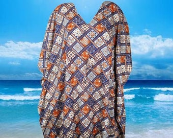 Kimono Kaftan Dress, Blue Orange Print Kaftan, Womens Beach caftan, Hippie Maxi dress, Loose dress for maternity, Boho gift, L-2XL
