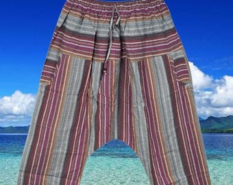 Men's Seersucker Cotton Yoga Pants, Unisex Hippe Pants, Hippy Purple Gray Loose Baggy Pant, Handmade Bohemian Fashion S/M/L