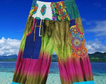 Harem Pants, Hippie Yoga Pants, Green Blue Tie Dye Baggy Pants, Handmade Lounge Boho Loose Funky Colourful Pants S/M/L