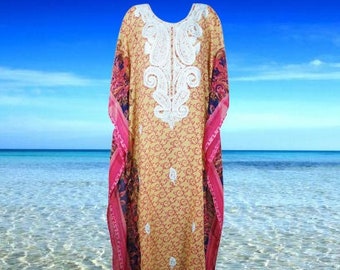 Womens Summer Caftan Sheer Dress, Cruise Maxi Dresses, Orange Pink Embroidered Kaftan Travel Summer Beach Maxi Dress, L-4XL One size