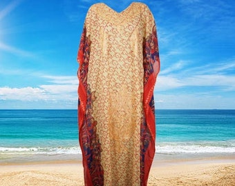 Boho Kaftan Maxi Dress, Womens Muumuu Caftan Dresses, Orange Floral Embroidered, Sheer, Beach Coverup, House Caftan L-4XL One Size