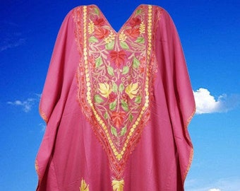 Womens Caftan Dress, Handmade Pink Floral Embroidered Kaftan Dress, Oversized Loose Stylish Maxi Kaftan Dresses. One size, L-3XL
