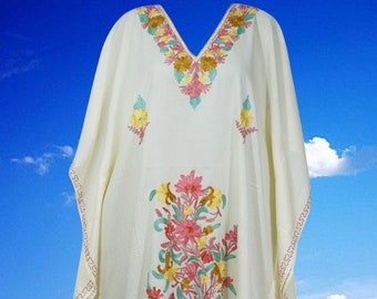 Womens Caftan Dress, Loose Maxi Length Housedress, Cream Floral Embroidered Dresses, Resort Wear, Holiday GIFT, Kaftan 3XL