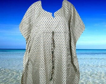 Recycled Sari kaftan For Women, White Green Printed, Handmade Caftan Dresses, Resort Wear, Midi Kaftan Dress, Beach Cover up, L-4XL