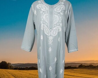 Gray Long Tunic Embroidered kaftan, Bohemian Chikankari Tunic Dress, Cotton Summer Kurti, Casual Beach Tunic Dress L