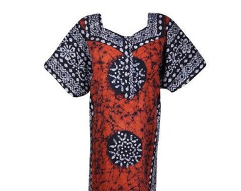 Womans Cotton Nightwear Caftan Dress Orange Batik Printed Summer Comfy Nightgown Sleepwear Housedress XL