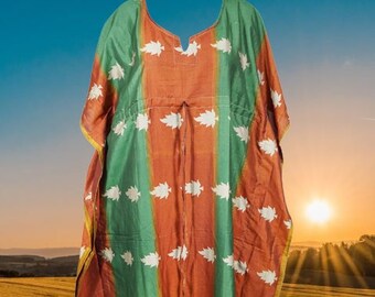 Womens Maxi Kaftan Dress, Cruise ,GIFT FOR Mom, Holiday Fashion, Recycle sari Orange Green Printed Caftan, Travel Fashion L-2XL One size