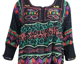 Babydoll Boho Dress Vintage 70s Funky Hippy Fashion Resort Coverup bLACK cOLORFUL loose dresses One Size SML