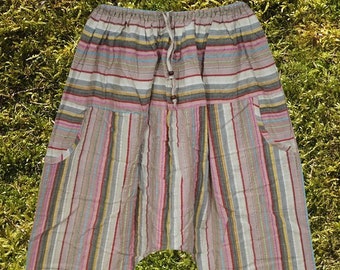 Unisex Harem Pants, Hippie Harem Pants, Boho Pants, Gray Stripe Print Cotton Pants with Elastic Waist and Pockets S/M/L