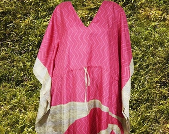 Womens Maxi Kaftan Dress, GIFT FOR MOM, Recycle Silk, Fuchsia Pink Zig Zag Print Caftan, Long Dresses, Loose Dress L-2XL One size