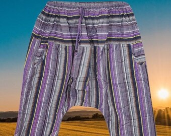 BOHO Hippy Pant, Baggy loose Yoga pants, Seersucker Purple Gray stripes Cotton Pant, Coachella Festivals Bohemian Pants, S/M/L