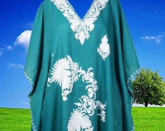Womens Kaftan, Midi Dresses, Vintage Teal Blue, FIREWORKS MARGARITA, Loose Caftan Dresses, Floral Embroidered Kaftan Dress, One size L-4XL