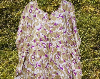 Womens Kaftan Midi Dress, Beige Purple Printed, Recycled Sari Summer Resort Wear, Beach Caftan Dresses S/M/L