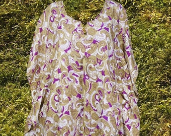 Womens Kaftan Midi Dress, Beige Purple Printed, Recycled Sari Summer Resort Wear, Beach Caftan Dresses S/M/L
