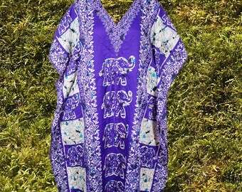 Womans Caftan, Long Kaftan Dress, Purple Elephant Print Kaftan, Travel Kaftan, Hippie Chic Maxi Kaftan, Loose maternity gift L-2XL