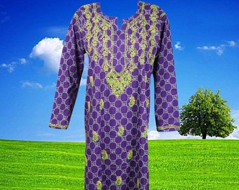 Womens Cotton Tunic Dress, Embroidered Purple Handmade Tunic Dress, Gift, Indian Style Kurti, Casual Tunic Dress L