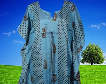 Women's Midi Kaftan Dress, HOLIDAY GIFT, Sari Silk, Muted Denim Blue Floral Print Cover Up, Beach Dress, Resort Wear Kaftan L-4X One size