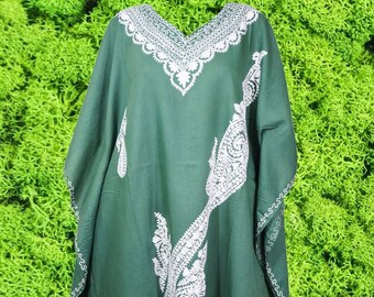 Womens Kaftan Maxi Dresses, Green Boho Kaftan Dresses, Cruise Kaftan, Paisley Embroidered Caftan Dress Onesize, L-3XL