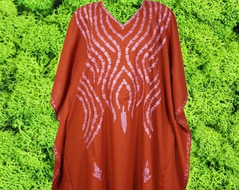 Womens Kaftan Maxi Dresses, Dark Orange Summer Boho Loose Kaftan Dresses Floral Embroidered Caftan Dress One size L-3XL