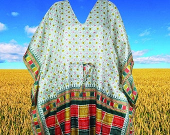 Womens MAXI Kaftan Dress, White Green Maxi Dresses, Travel, Beach Coverup, Lightweight Boho Maxidress, L-2XL