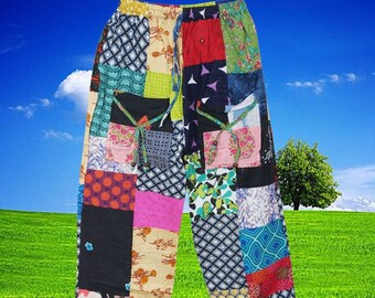 Women Harem Pant, Mixed Floral Patchwork Hues Hippie Lounge  Cotton Pants, Festival Streetwear Pant S/M/L