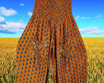 Handmade Boho Smock Waist Hippie Pants, Orange Gray Printed Pants, Valentine Gift, Hippie Pants, Elastic Waist Pants, Beach Pants S/M