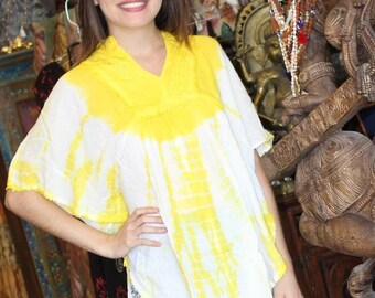 Women BOHO HIPPIE Tie Dye OverSize Tunic Blouse Kaftan Top, Tie Dye Yellow Kimono Cover Up Loose Playful Summer Fun Top Blouse 3XL