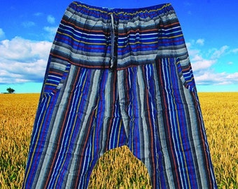 Unisex Drop Crotch Hippie Cotton Pant, Indian Yoga pants, Handmade Boho Pants, Electric Blue Gray stripes S/M/L
