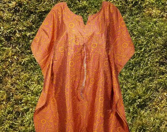 Women Recycled Sari Kaftan Dress, Orange Pink Paisley Print, lounge wear, Resort Wear, Midi Kaftan Dress, Beach Cover up L-4XL,One size