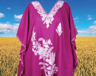 Womens kaftan, Mid-Tone Magenta, Handmade Embellished Floral Mid Calf, Kaftan, Lounger Cover Up Tunic Dress One Size L-4XL